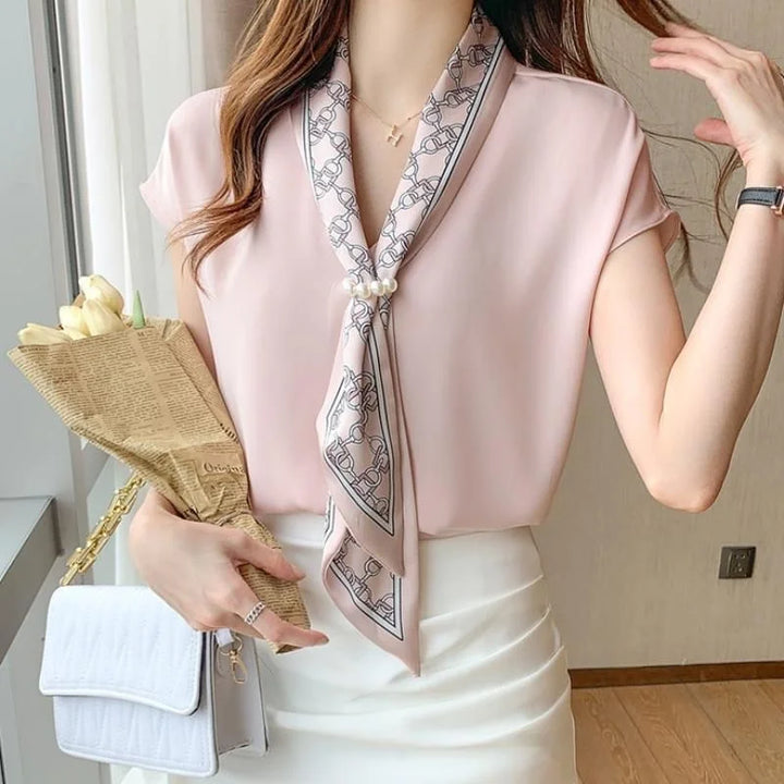 Women's Summer V-Neck Blouse - Casual Batwing Sleeve with Bow Tie