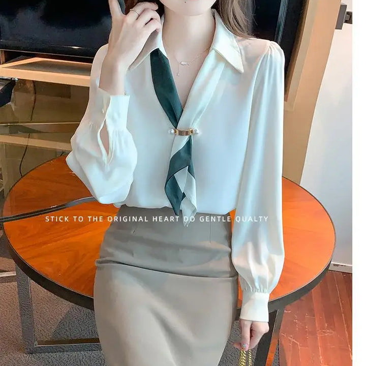 Women’s Bow Tie Blouse - Elegant Korean Fashion V-Neck Long Sleeve Office Top