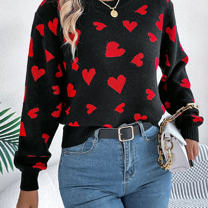 Autumn Winter Love Pattern Knitted Pullover - Round Neck Long Sleeve Sweater