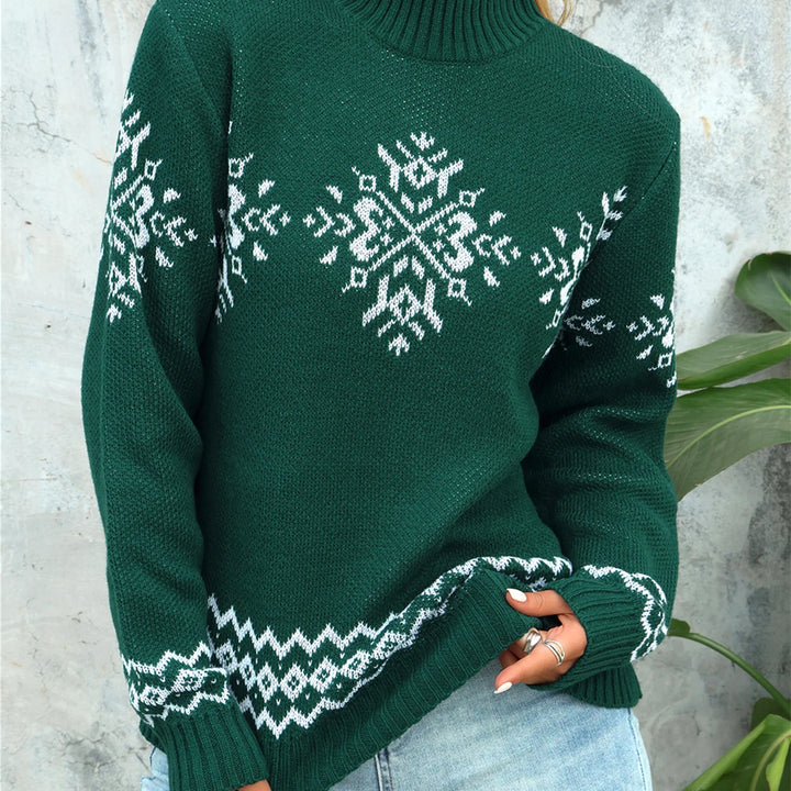 Elegant High Neck Snowflake Jacquard Knitted Pullover - Women's Woolen Long Sleeve