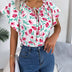 Floral Drawstring Blouse - Casual Crew Neck Short Sleeve Top