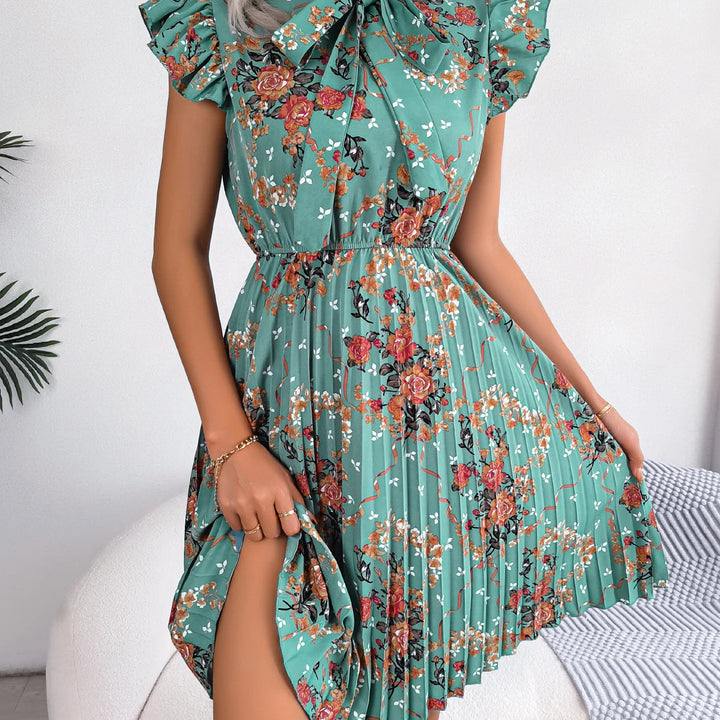 Casual Floral Print Ruffle Trim Slim Waist Pleated Dress