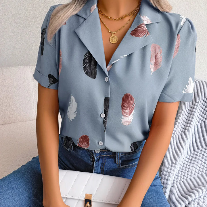 Spring Summer Casual Notched Collar Button Front Feather Printed Short Sleeved Shirt Women Blouse