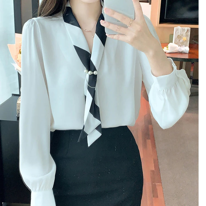 Chiffon Blouse for Women - Elegant Lace-Up V-Neck Long Sleeve Office Top