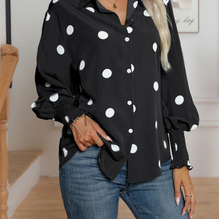 Casual Lapel Button Down Balloon Polka Dot Print  Lantern Sleeve Shirt