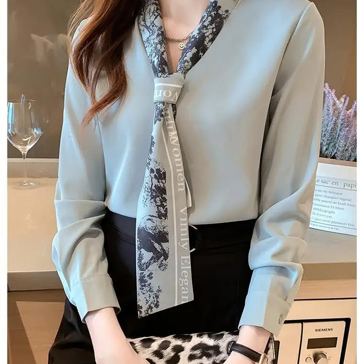 Spring Autumn Scarf Collar Shirt - Elegant Long Sleeve Office Blouse