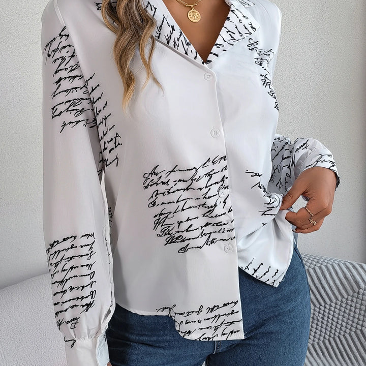 Casual Notch Collar Button Letter Print Long Sleeve Shirt