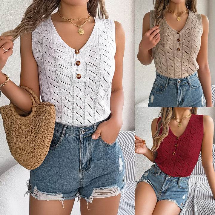 Knitted Button Vest - Casual Hollow-Out Sleeveless V-Neck Top