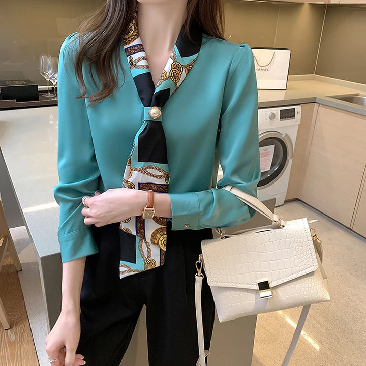 Spring Chiffon Blouse - Bow Long Sleeve Office Lady Casual Top