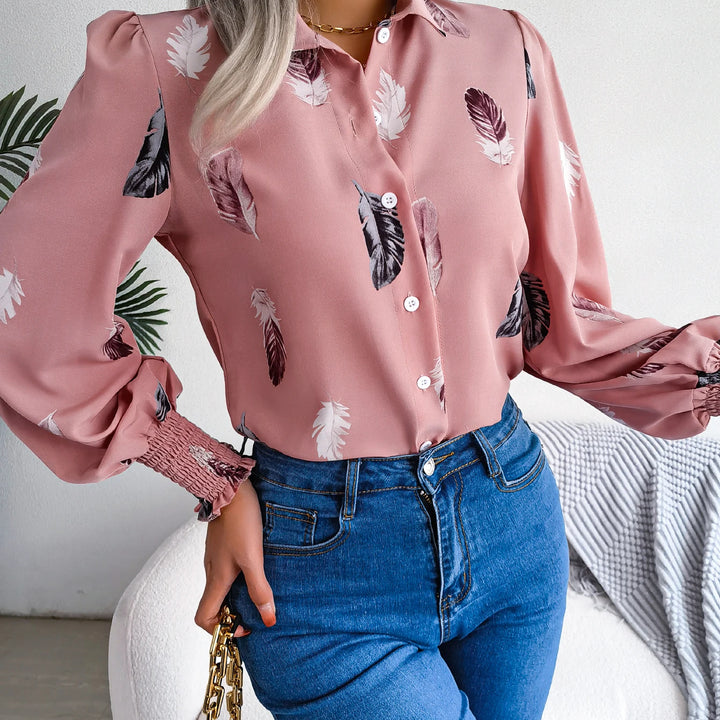 Casual Lantern Sleeve Button Front Turn Down Collar Feather Print Shirt