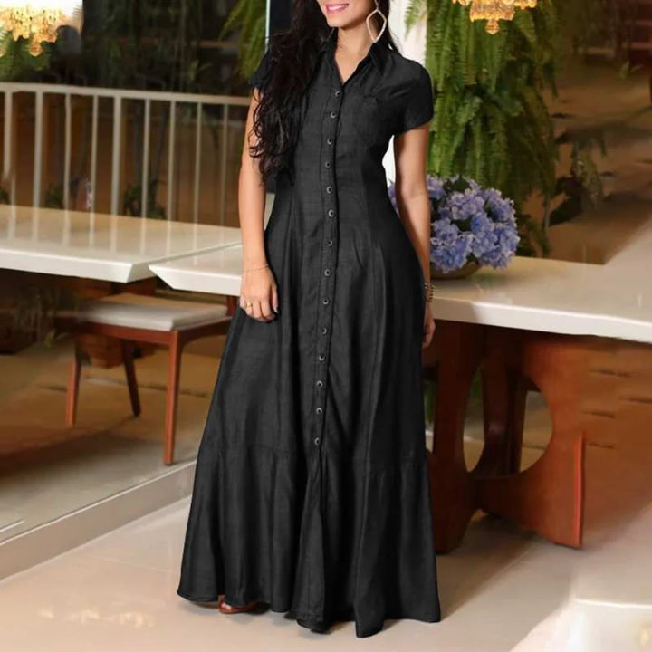 Fashionable Casual Denim Long Dress with Turn-Down Collar and Button Design