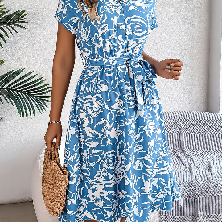 Vacation Style Short Sleeve V Neck Rose Print Button Front Belted Dress