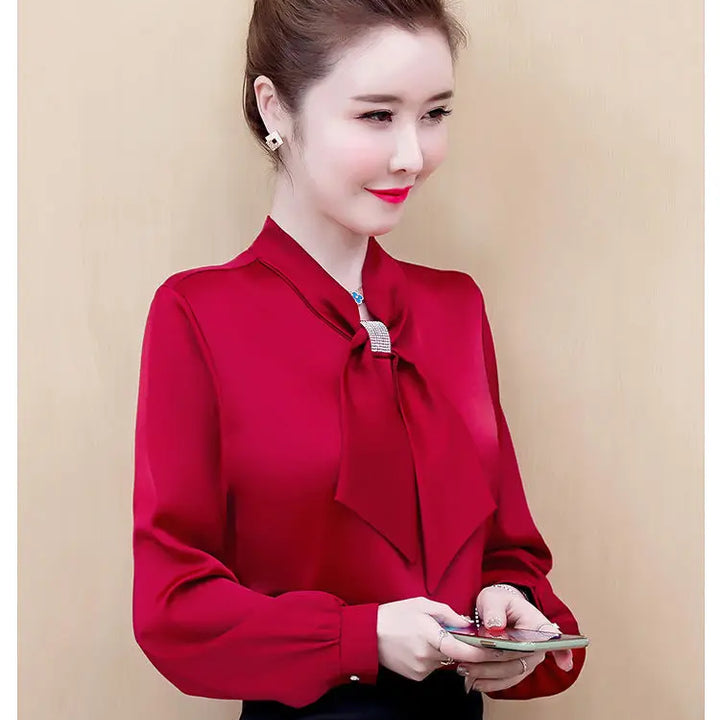 Spring & Summer Satin Shirt - Korean Fashion Bow V-Neck Long Sleeve Top