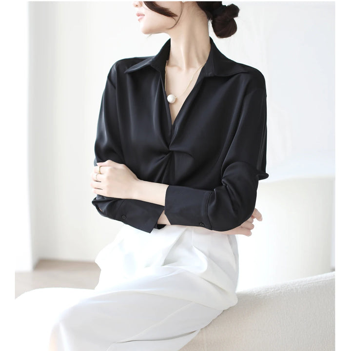 Autumn Casual Turn-Down Collar Blouse - Off-White Chiffon Long Sleeve Shirt