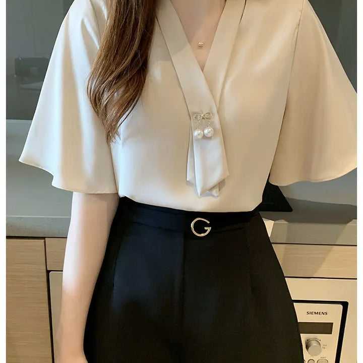 Short Sleeve V-neck Chiffon Blouse - Breathable Slim Elegant Summer Office Top