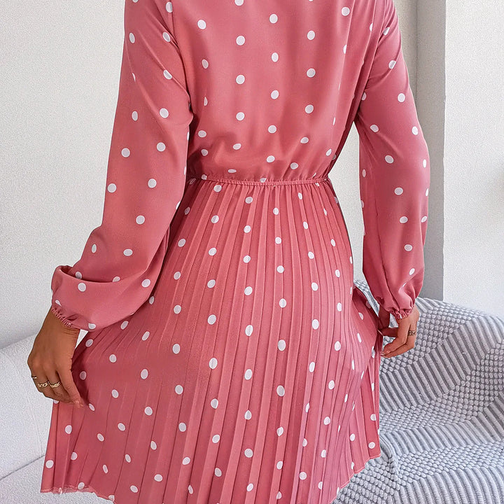 Casual Tie-neck Polka-dot Print Cinched Waist Pleat Dress For Women