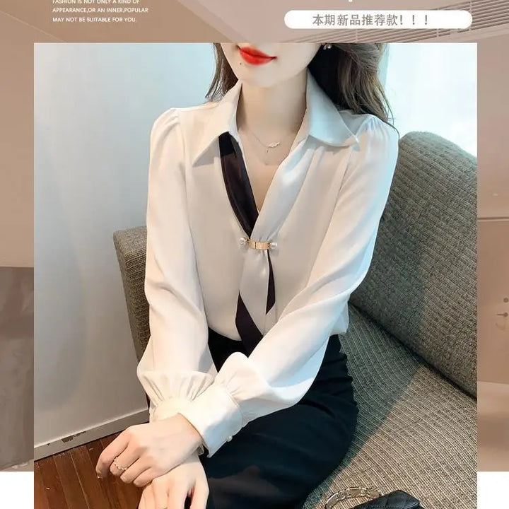 Women’s Bow Tie Blouse - Elegant Korean Fashion V-Neck Long Sleeve Office Top