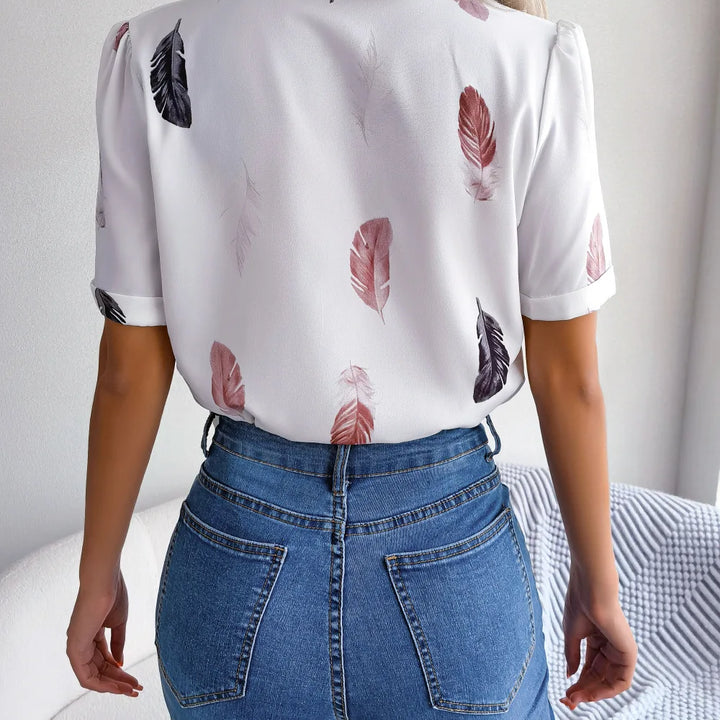 Spring Summer Casual Notched Collar Button Front Feather Printed Short Sleeved Shirt Women Blouse