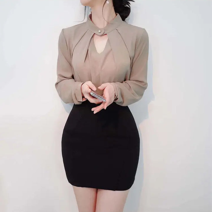 olid Chiffon Blouse - Slim Long Sleeve Hollow Sexy Spring Summer Top