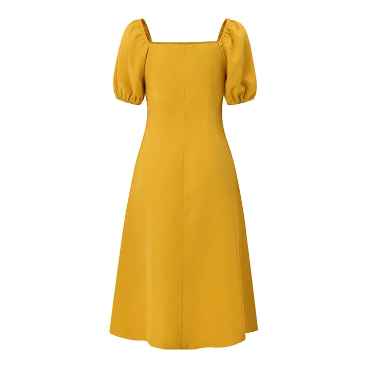 ZANZEA Elegant Puff Sleeve Swing Dress - Summer Square Collar Waisted Sundress