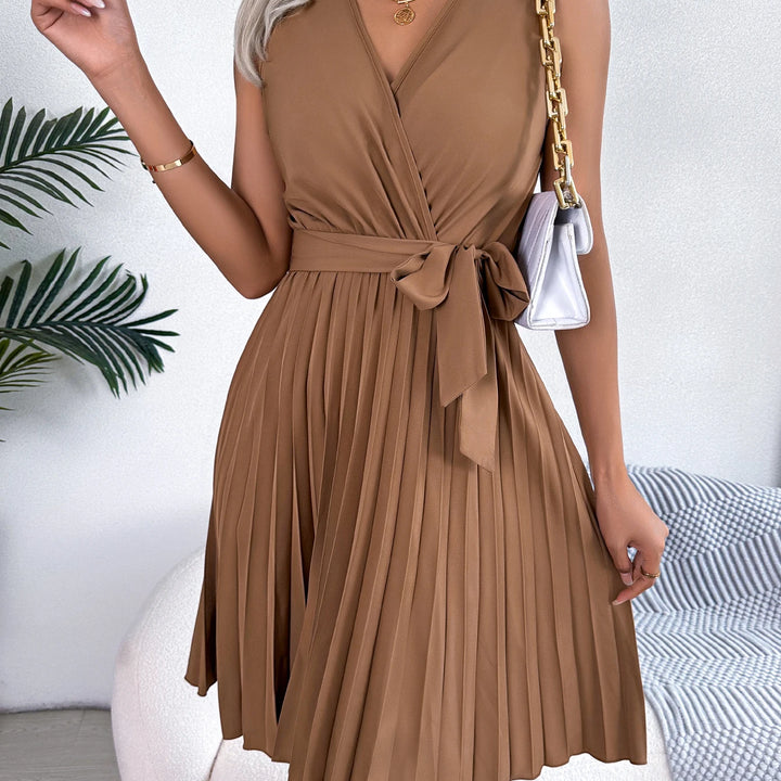 Casual V Neck Solid Sleeveless Versatile Pleated Dress, Women's Clothing