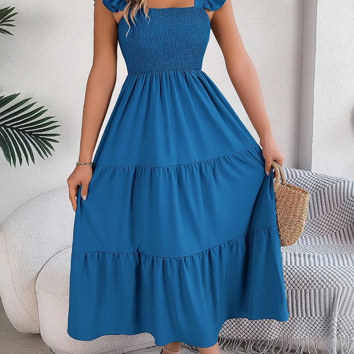 Solid Square Neck Dress - Elegant Waist-Tied Long Dress