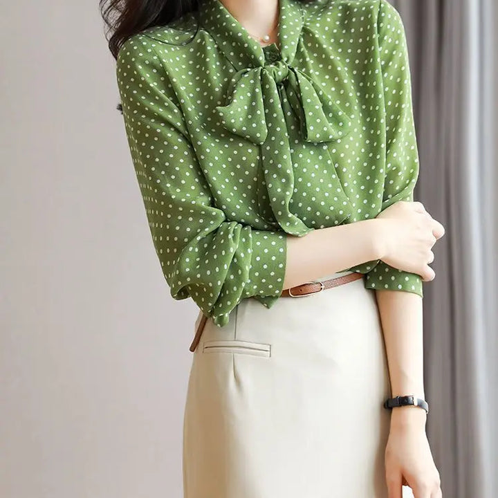 Spring Autumn Shawl Collar Blouse - Bow Polka Dot Long Sleeve Cardigan