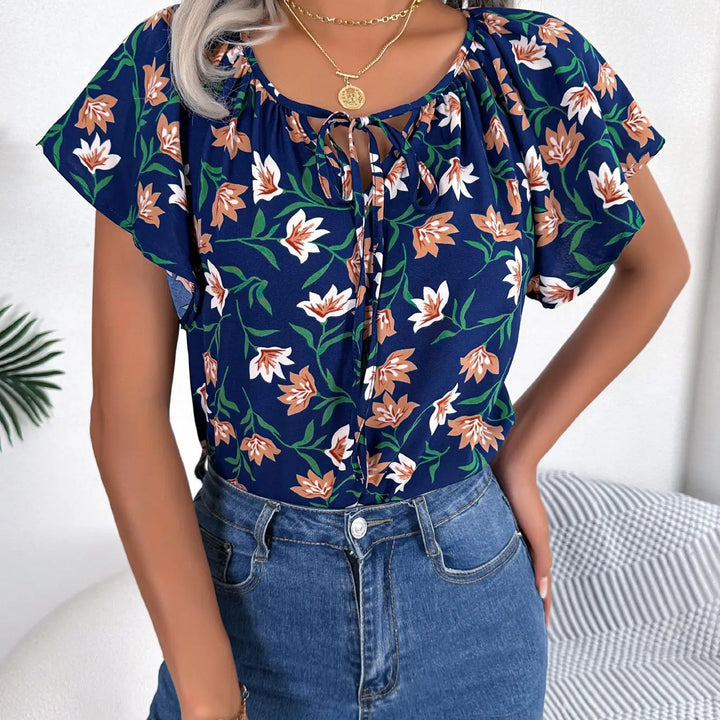 Floral Drawstring Blouse - Casual Crew Neck Short Sleeve Top