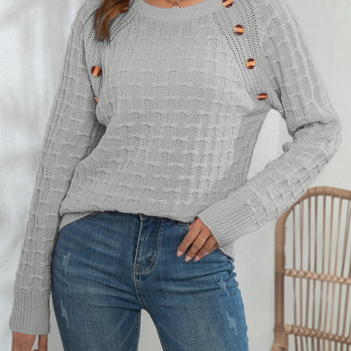 Casual Round Neck Twisted Button Sweater - Long Sleeve Knitted Pullover