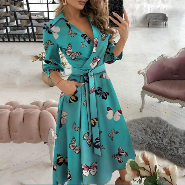 Women's V-Neck Long Sleeve Wrap Dress with various prints