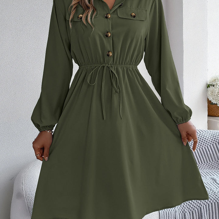 Elegant Button Front Lantern Sleeve Dress - Cinched Waist