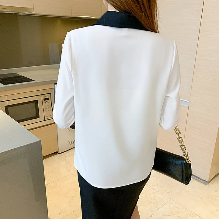 Contrast Color Single Row Pearl Buckle Office Blouse Female Shirt Long Sleeve Casual Tops Autumn Women Loose Blouses