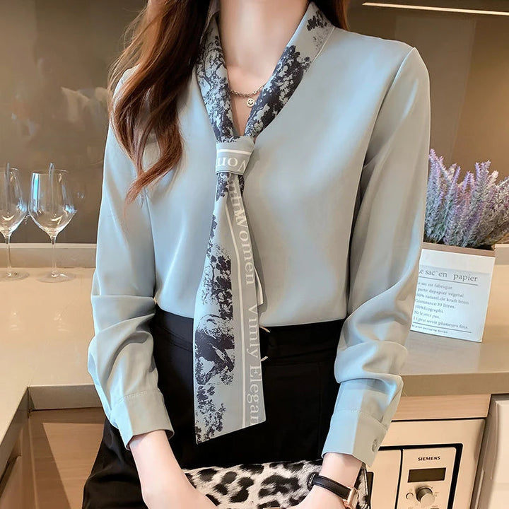 Spring Autumn Scarf Collar Shirt - Elegant Long Sleeve Office Blouse