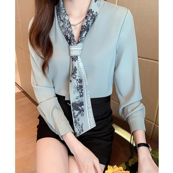 Spring Autumn Scarf Collar Shirt - Elegant Long Sleeve Office Blouse