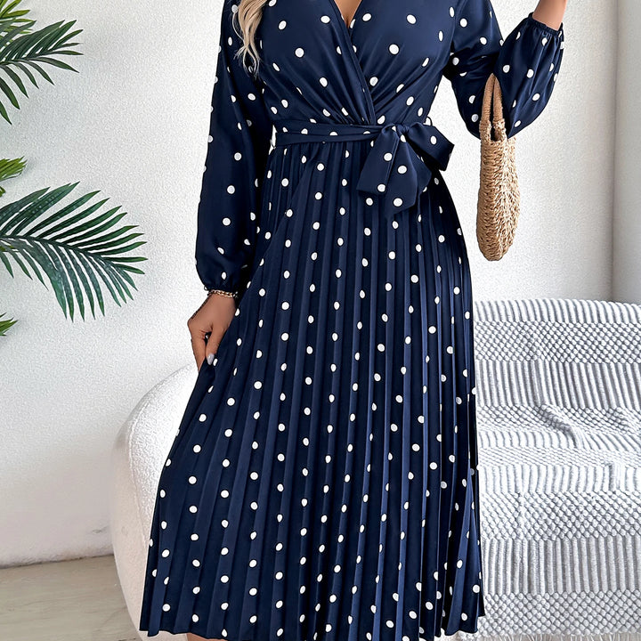 Elegant Surplice Neck Polka Dot Pleated Dress - Long Sleeve Belted