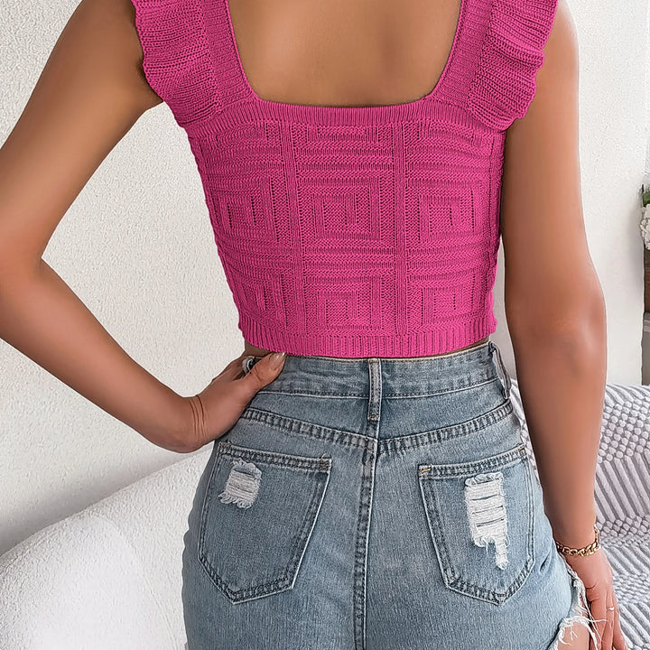 Summer Ruffle Square Neck Knitted Top - Casual Solid Color Vest