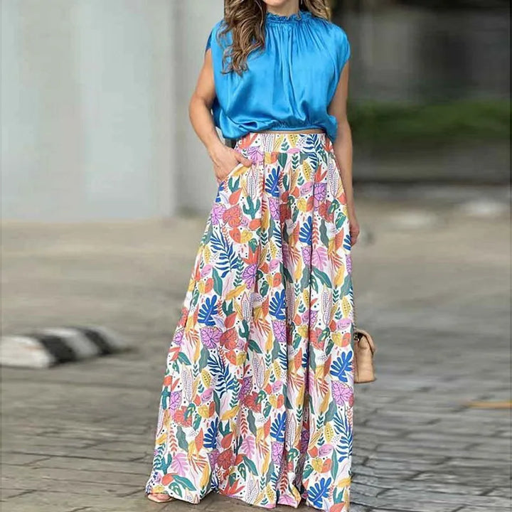 Spring & Autumn 2-Piece Set - Printed Shirt with Elegant Wide-Leg Pants