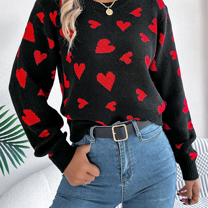 Autumn Winter Love Pattern Knitted Pullover - Round Neck Long Sleeve Sweater