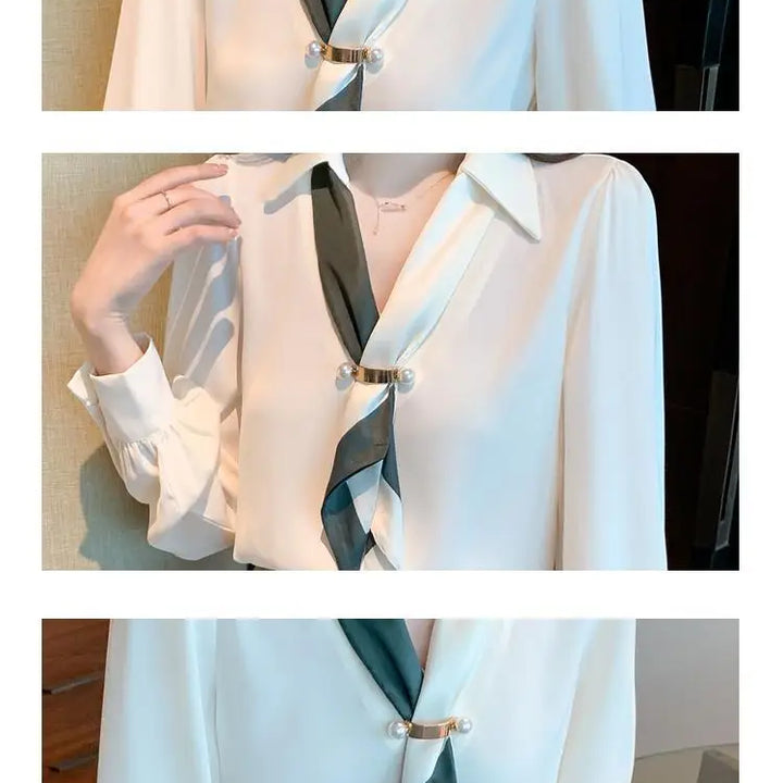 Women’s Bow Tie Blouse - Elegant Korean Fashion V-Neck Long Sleeve Office Top