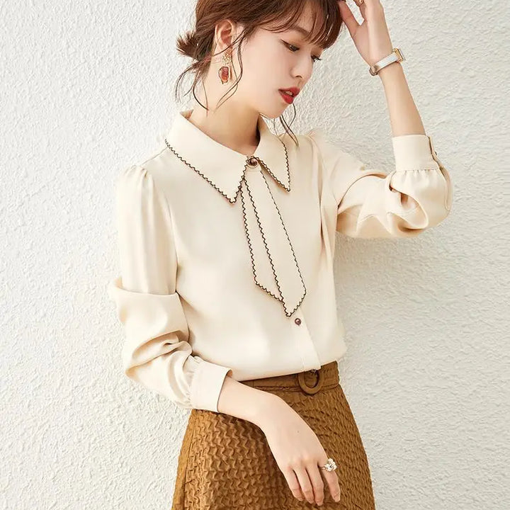 Women's Ribbon Chiffon Shirt - Patchwork French Office Workwear