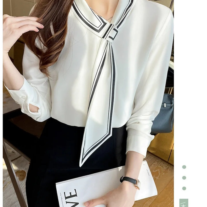 White Chiffon Blouse - Elegant Scarf Collar Long Sleeve Office Top