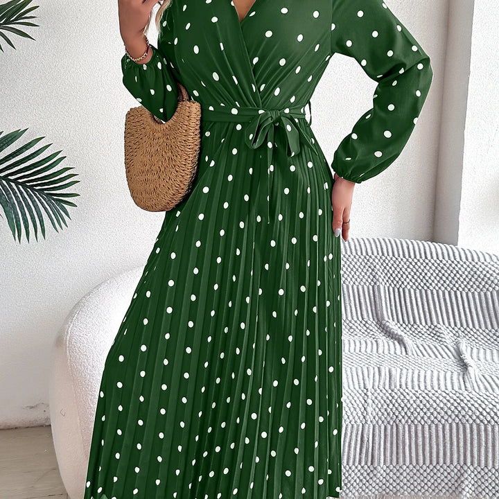 Elegant Surplice Neck Polka Dot Pleated Dress - Long Sleeve Belted