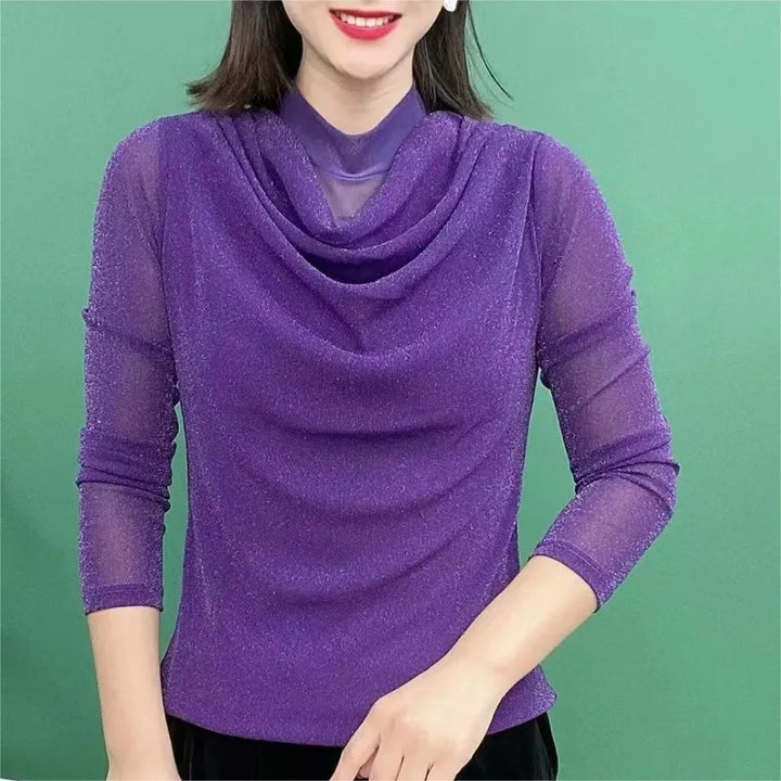 Temperament Pleated T-Shirt - Long Sleeve Half High Neck Vintage Office Pullover