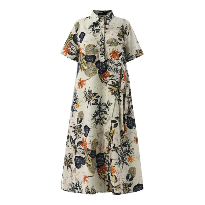 ZANZEA Bohemian Floral Shirt Dress - Summer Retro Lapel Short Sleeve Kaftan