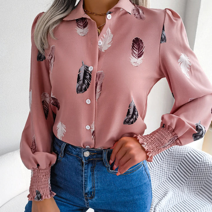 Casual Lantern Sleeve Button Front Turn Down Collar Feather Print Shirt