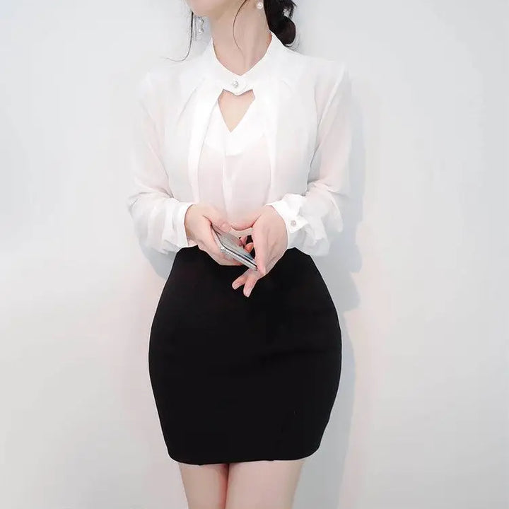 olid Chiffon Blouse - Slim Long Sleeve Hollow Sexy Spring Summer Top