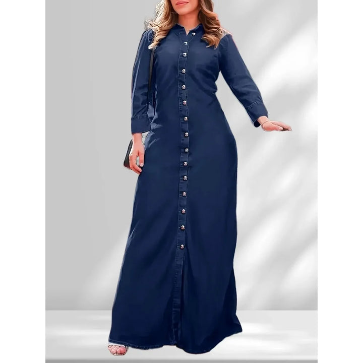 Plus Size Women's Casual Denim Long Dress with Collar and Button-Up