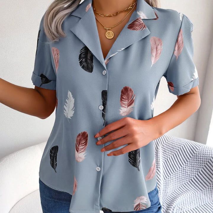 Spring Summer Casual Notched Collar Button Front Feather Printed Short Sleeved Shirt Women Blouse