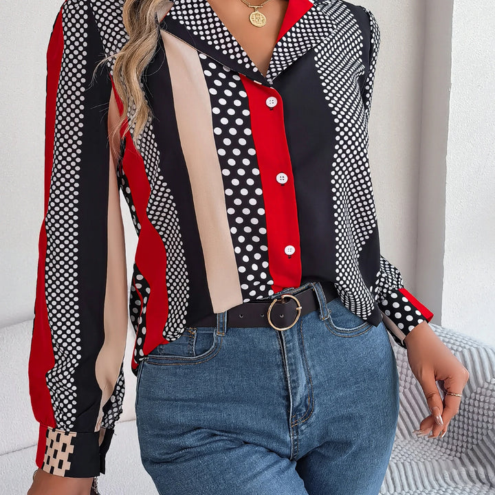 Casual Button Front Long Sleeve Stripe & Polka Dot Print Shirt, Women's Clothing