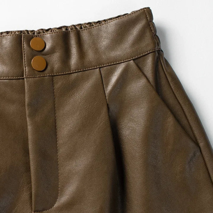 Women's High-Waisted Slimming A-Line Leather Shorts in Coffee Color